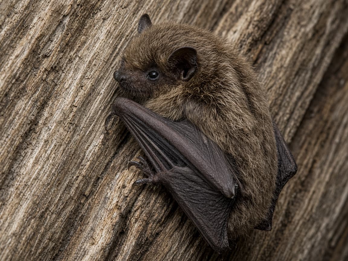 Close-up of a small brown bat clinging to an attic beam