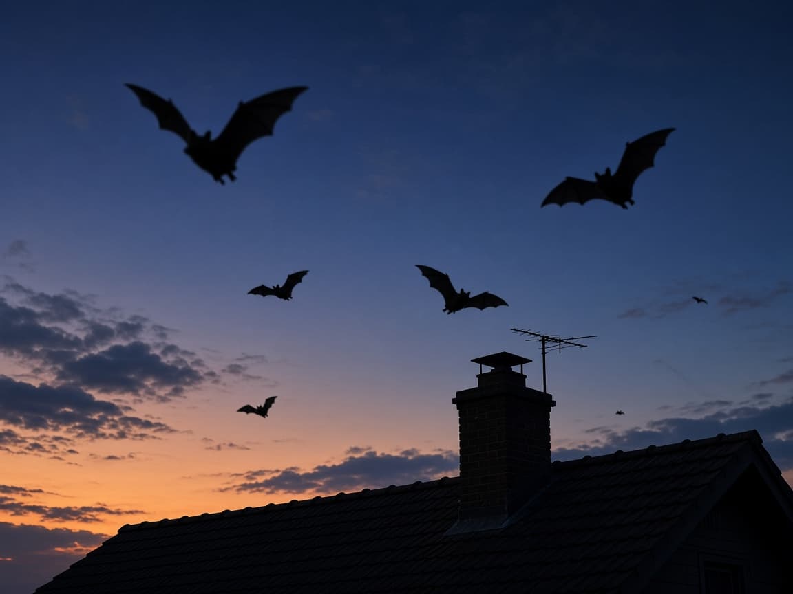 Bats flying at dusk above a residential rooftop