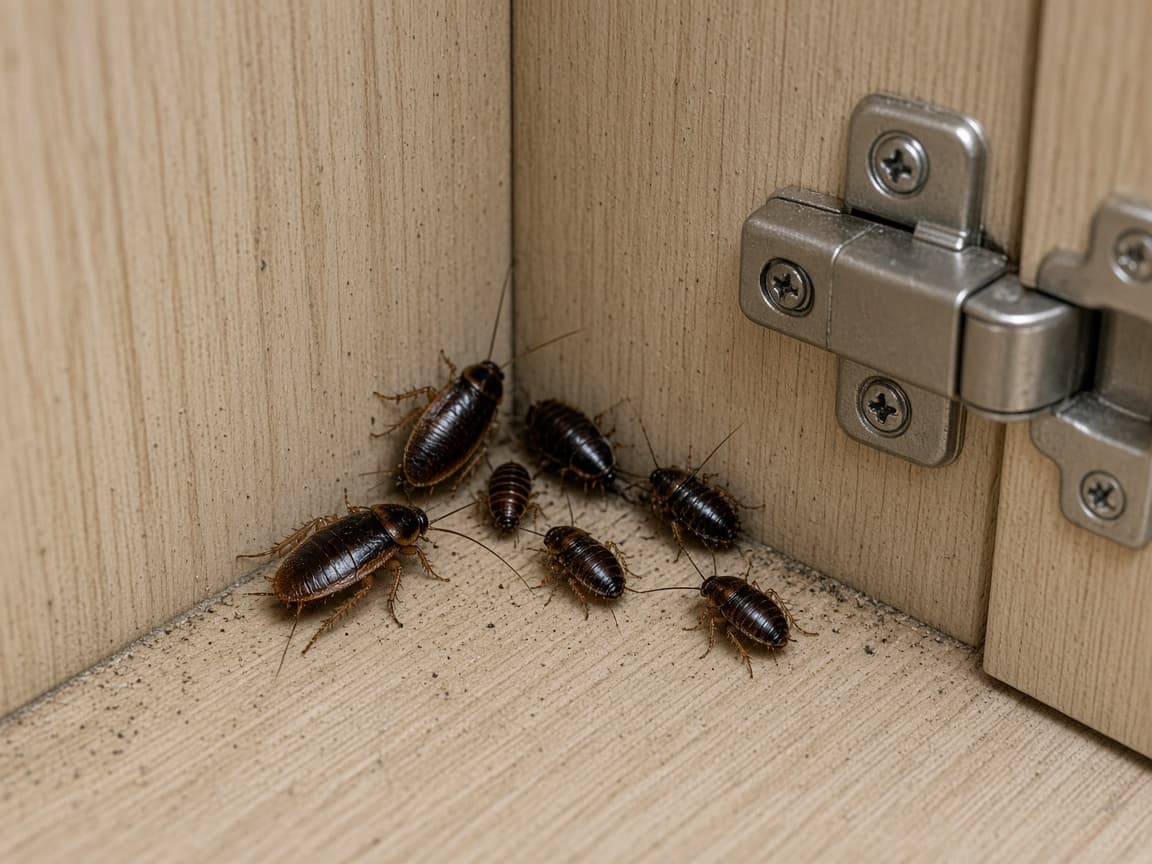German cockroaches clustered inside a kitchen cabinet