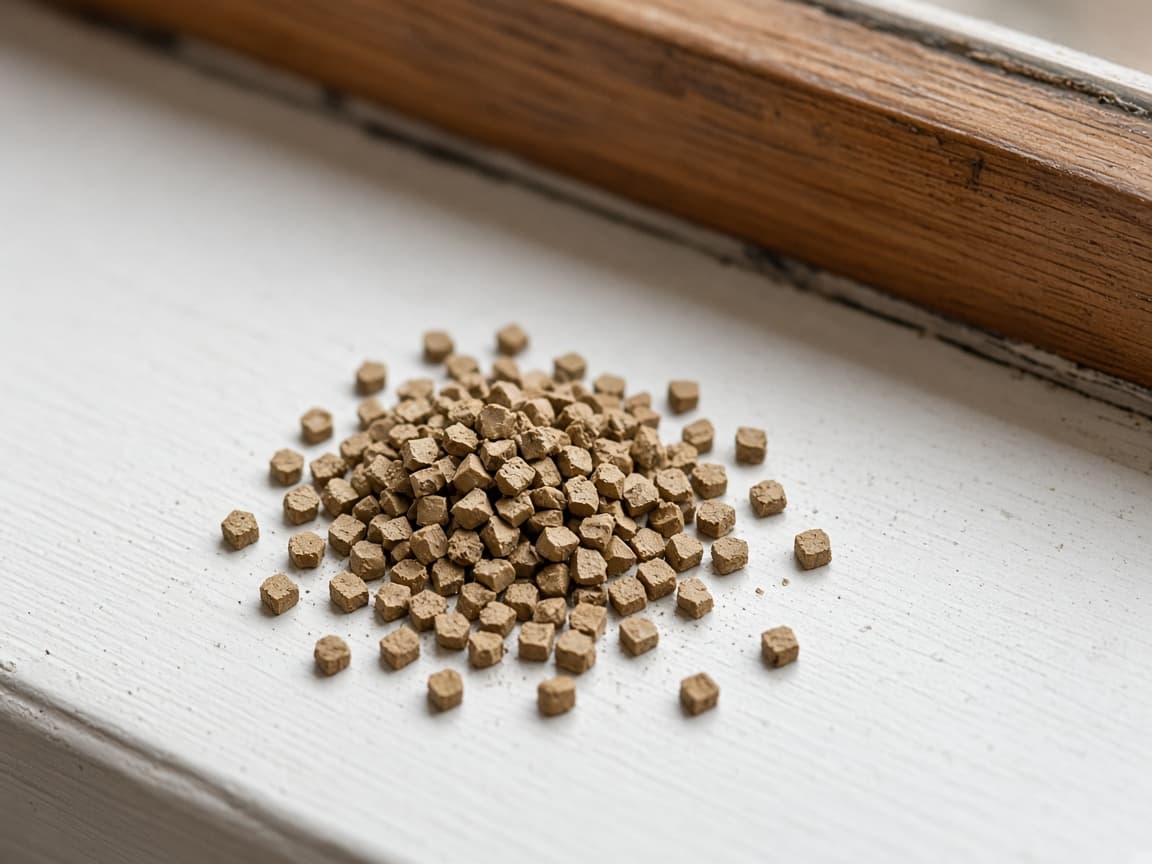 A pile of drywood termite frass pellets on a windowsill beneath wood trim