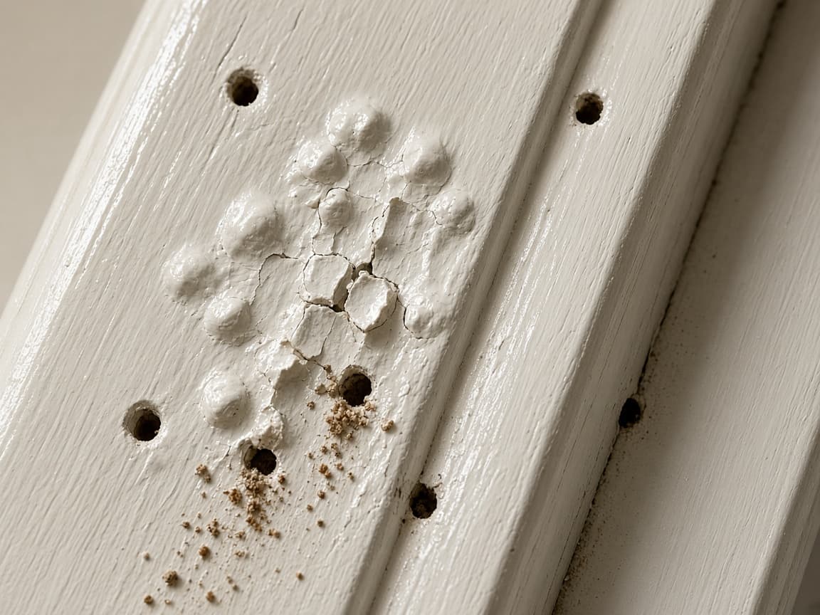 Drywood termite kick-out holes and blistered paint on wood trim