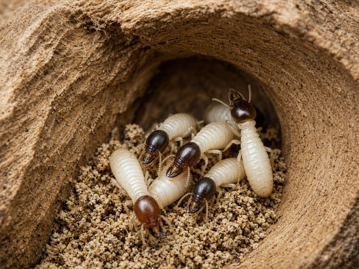 Drywood termites inside a gallery carved through hardwood