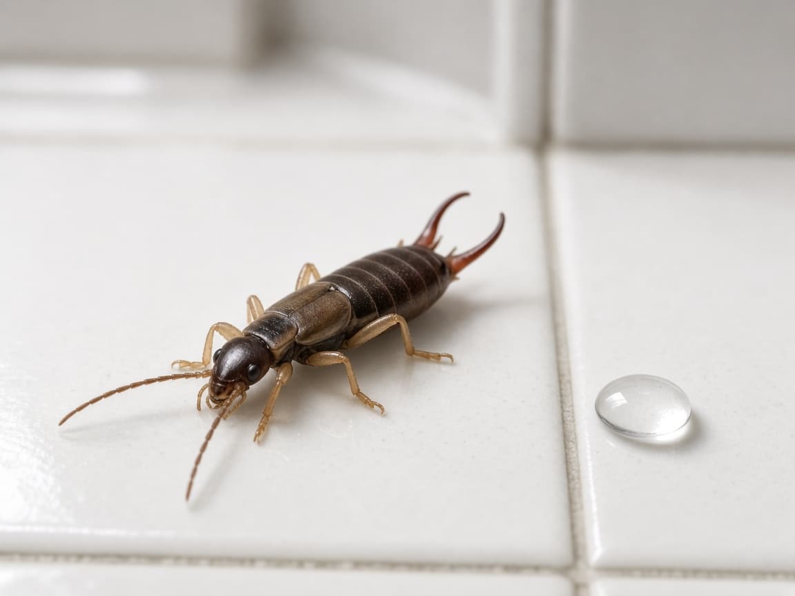 An earwig on bathroom tile near a water droplet