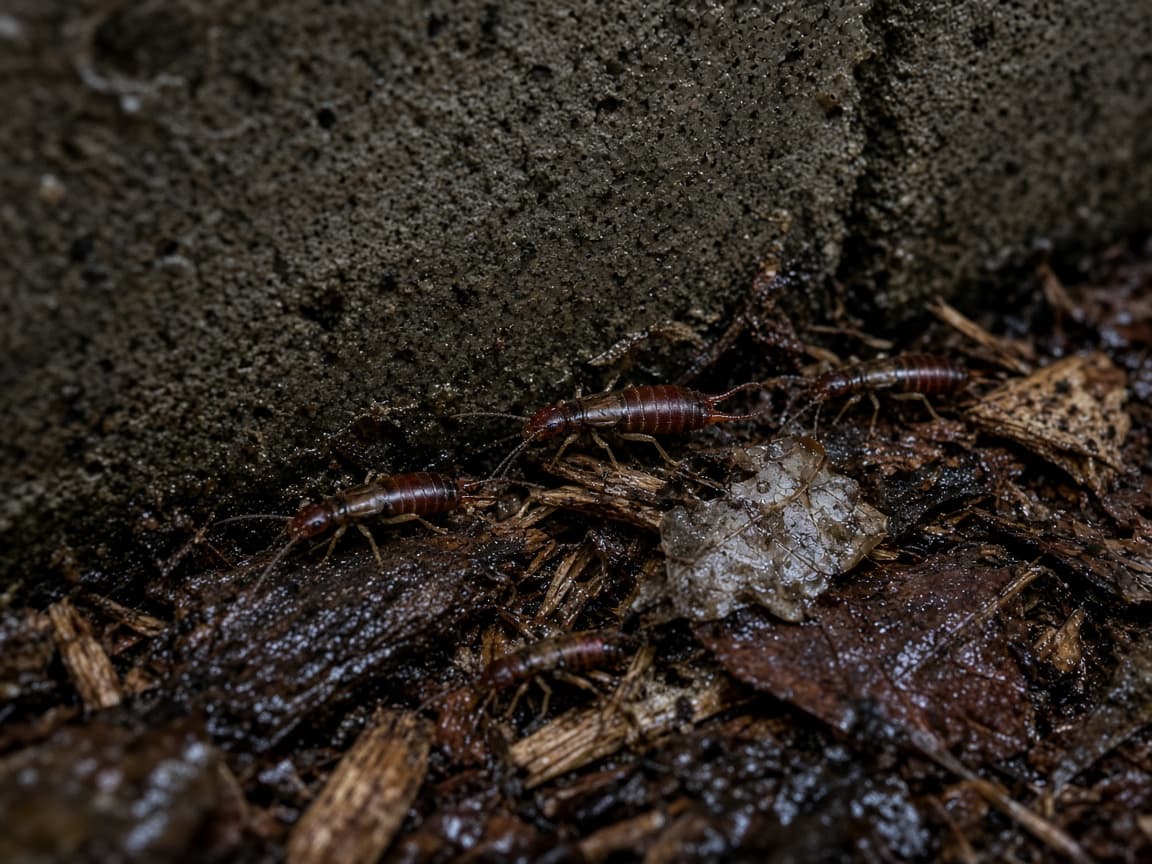Earwigs in damp mulch against a home's foundation