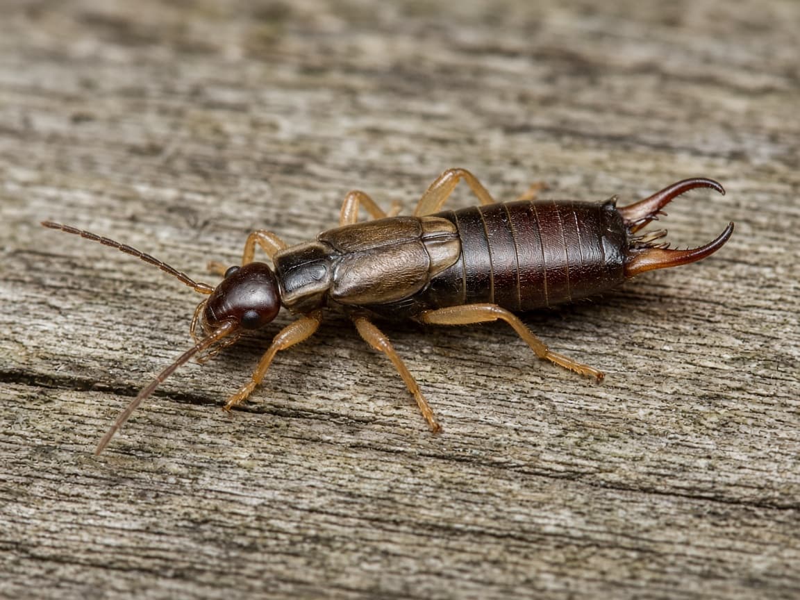 Close-up of an earwig with its rear pincers