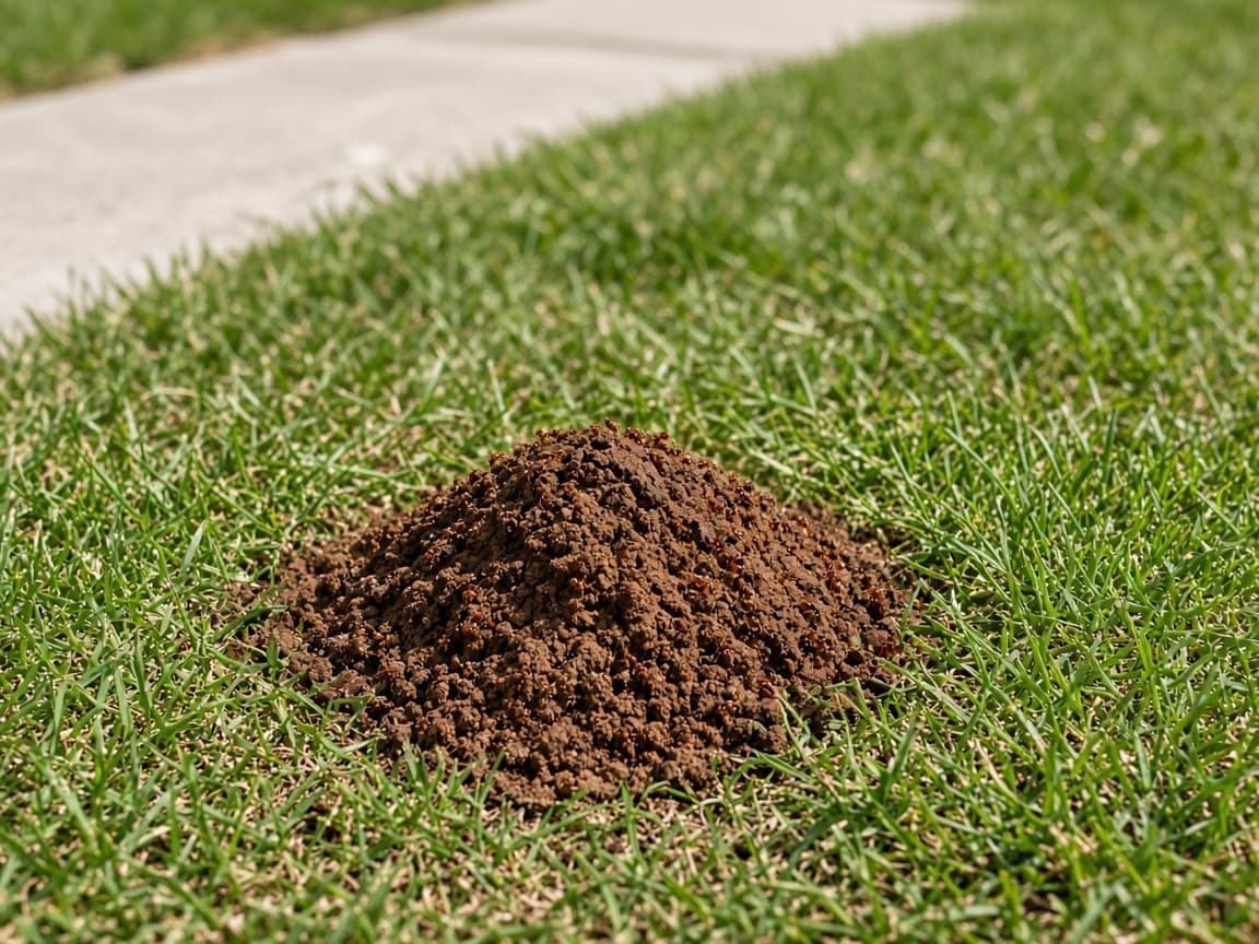 A red fire ant mound in a Central Florida lawn