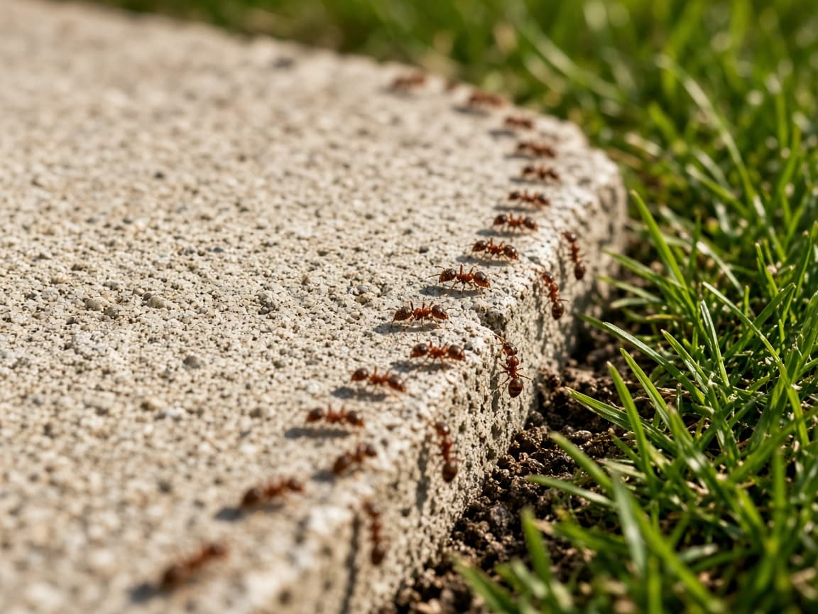 A trail of fire ants along a concrete patio edge