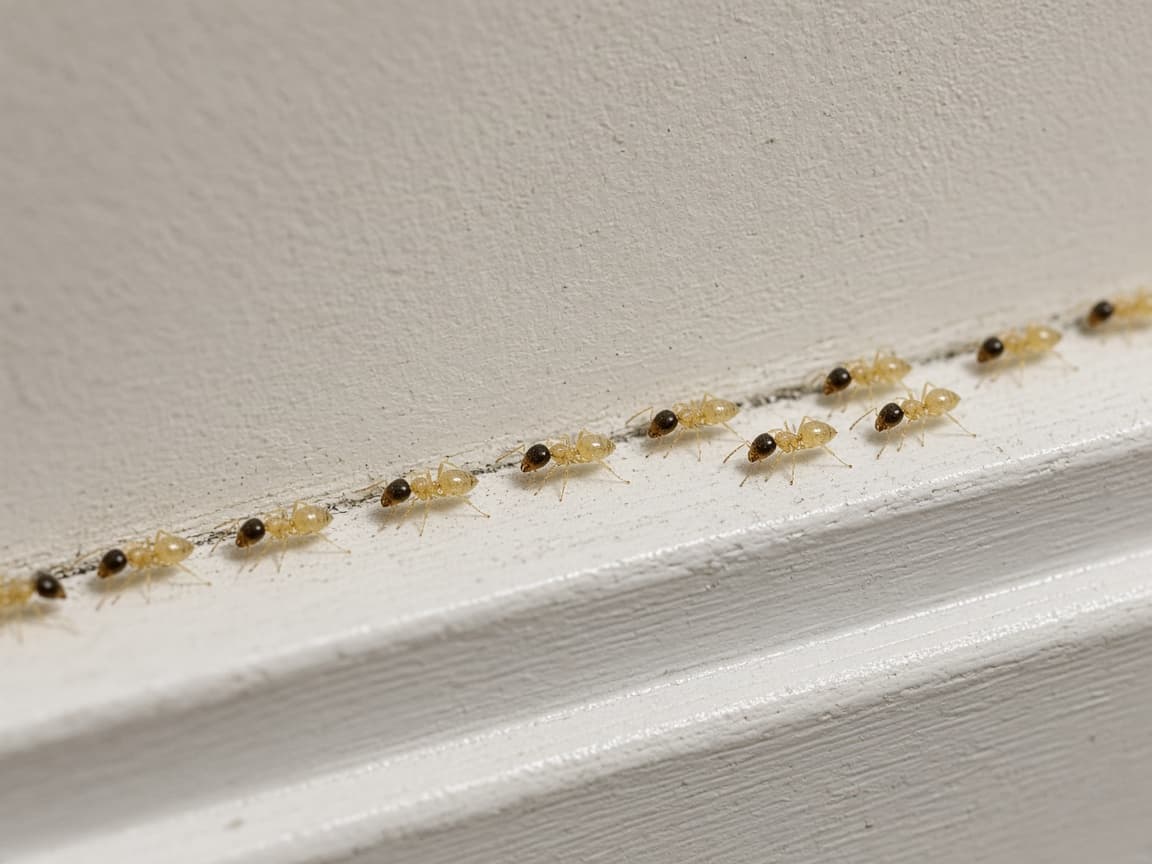 Tiny ghost ants trailing along a white baseboard