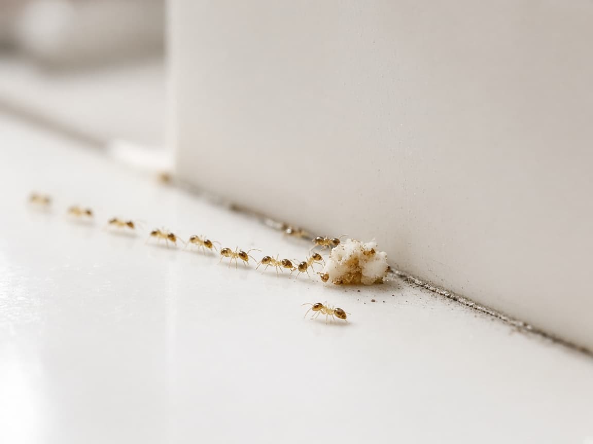 A trail of tiny ghost ants along a kitchen countertop