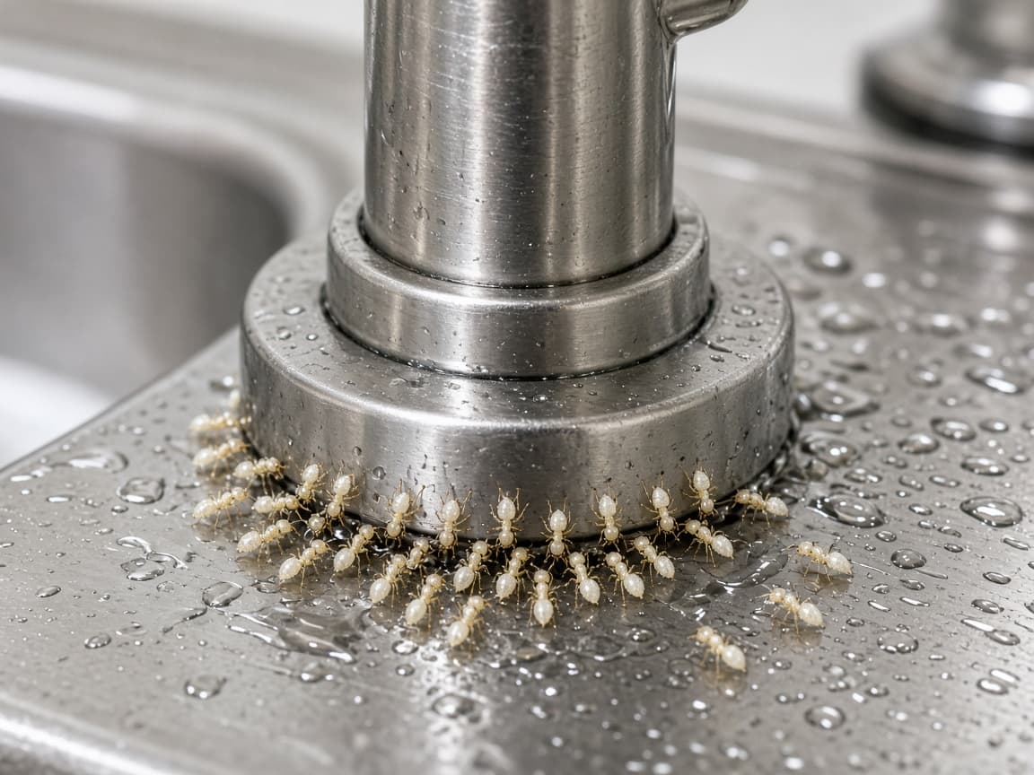 Ghost ants gathered around the base of a kitchen faucet