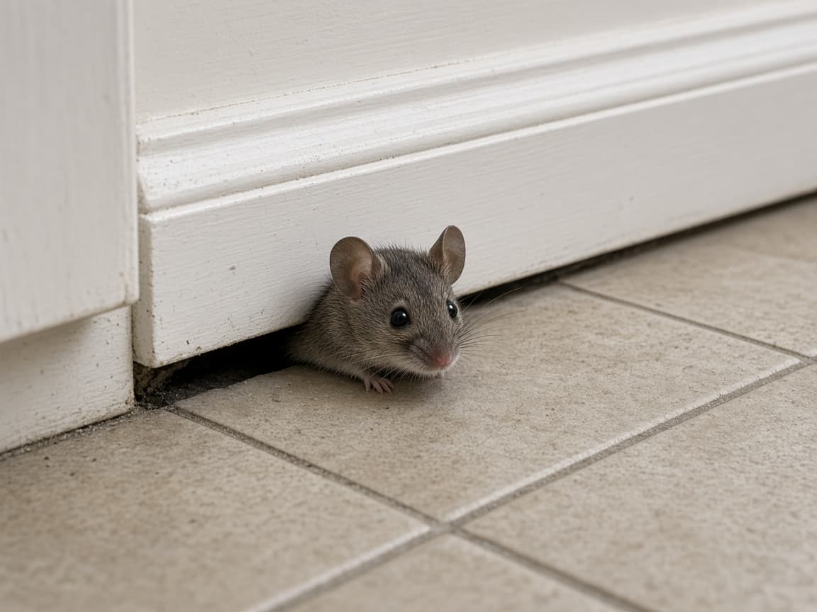 A house mouse emerging from a gap at the base of a kitchen baseboard
