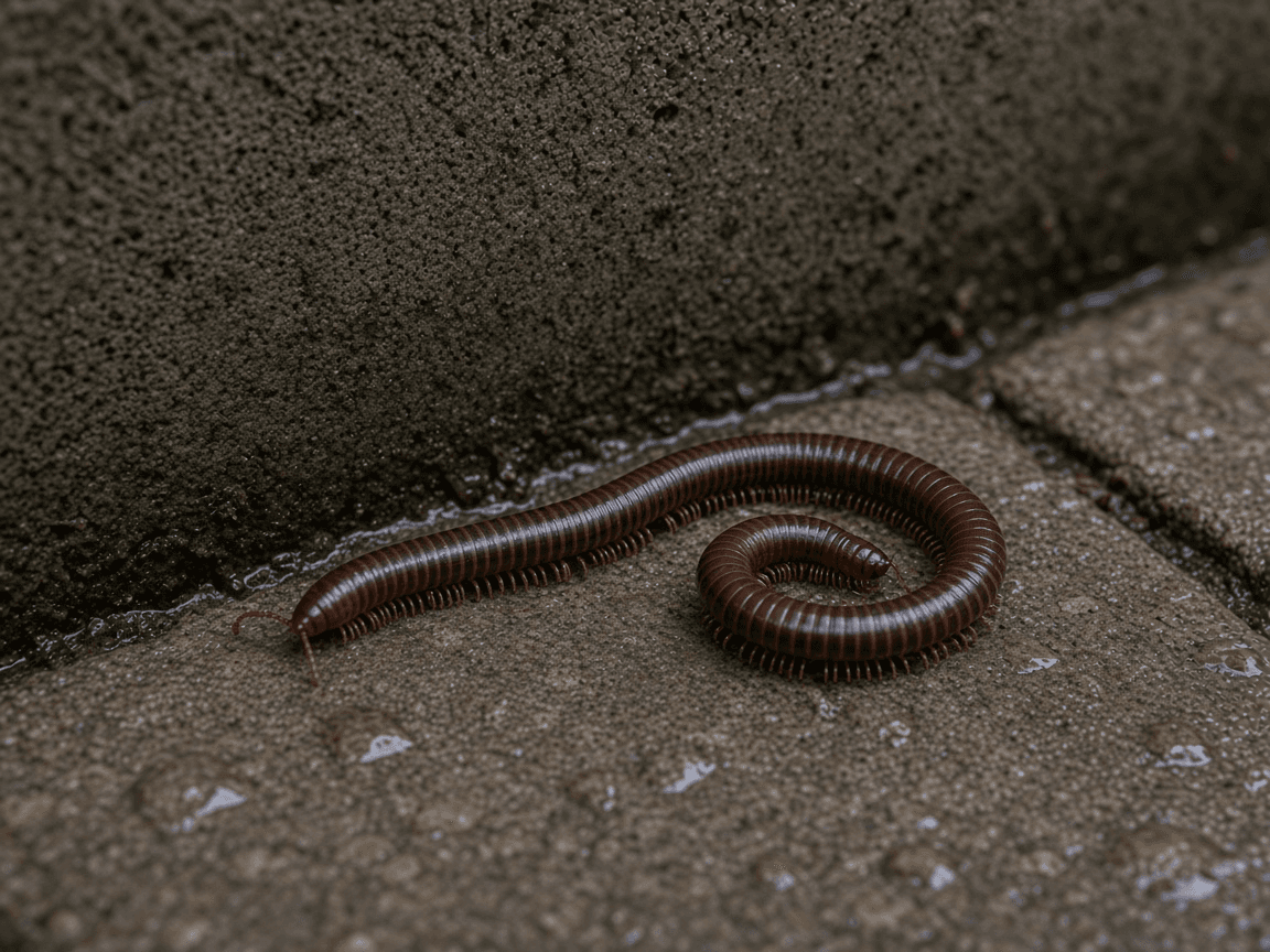 A millipede with a rounded, segmented body on wet patio pavers next to a curled one