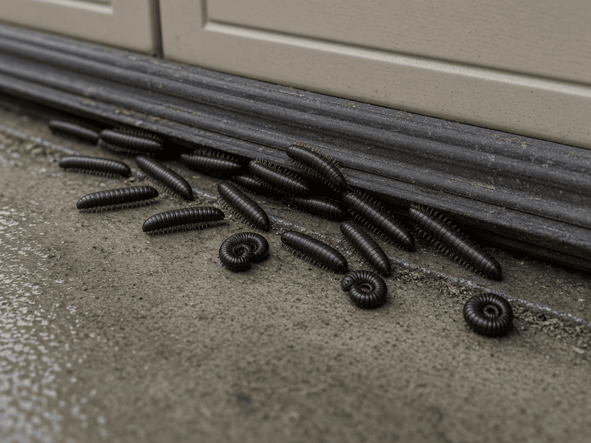 House millipedes gathered along a garage door seal after rain