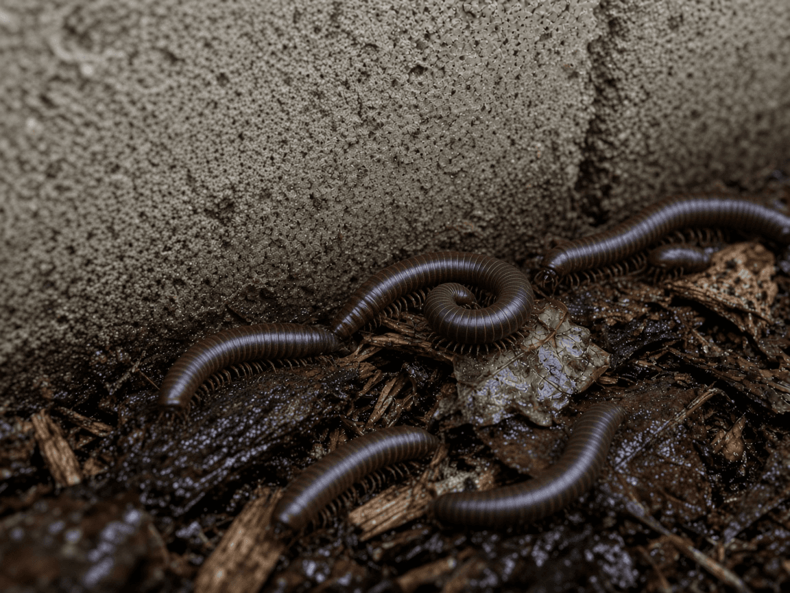 Millipedes moving through damp mulch and leaf litter against a home's foundation