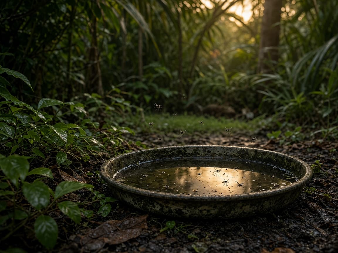 Mosquitoes hovering over standing water in a Florida backyard