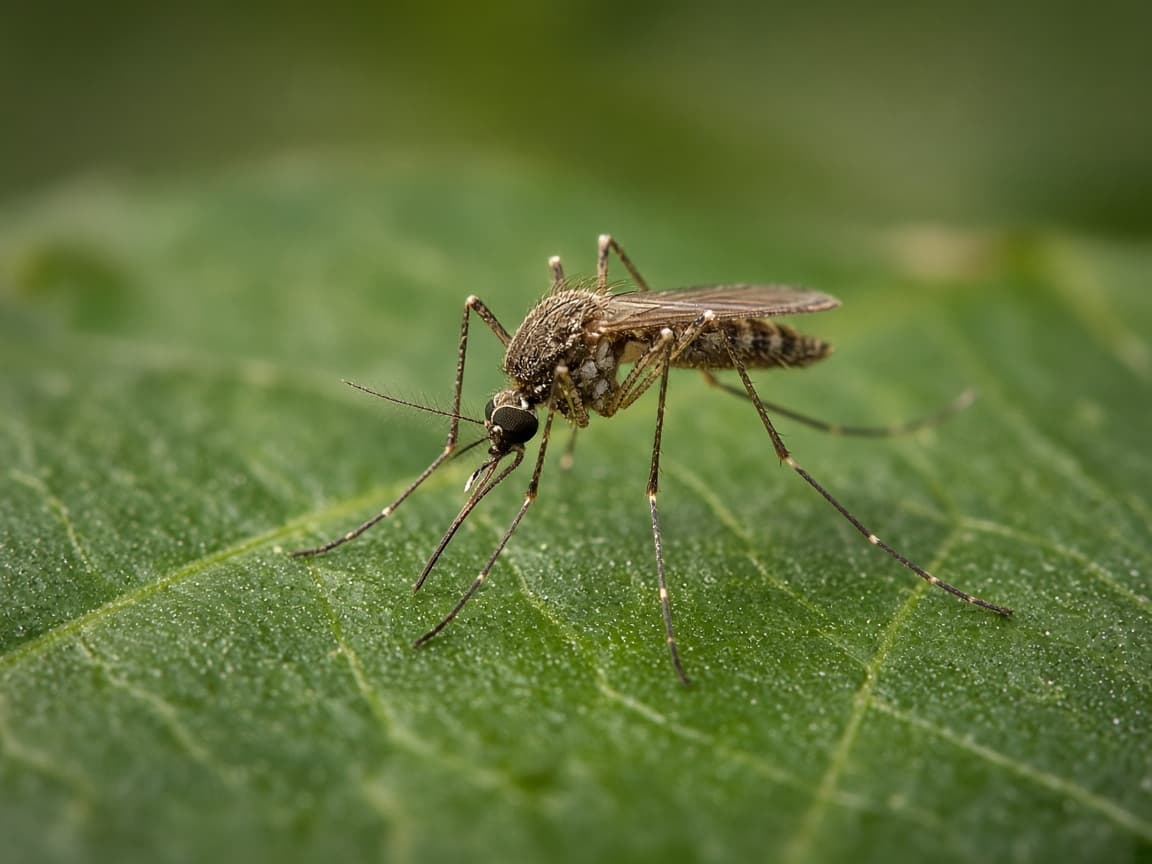 Close-up of a mosquito perched on a green leaf