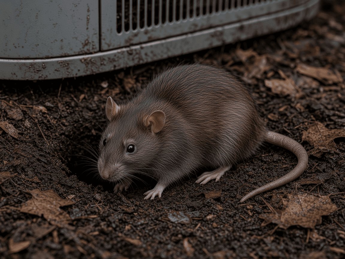 A Norway rat peeking out of a burrow in the mulch beside an outdoor AC unit