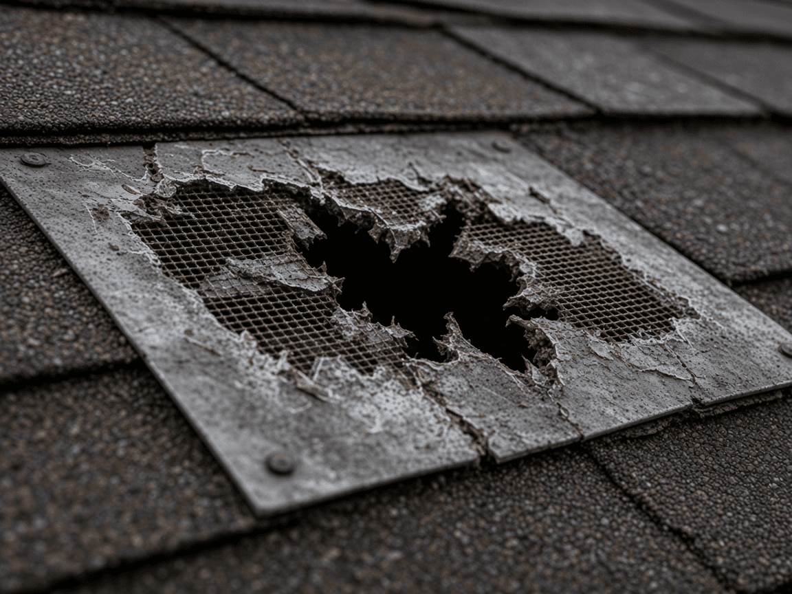 A roof vent screen chewed open by rodents, leaving a rat-sized hole into the attic