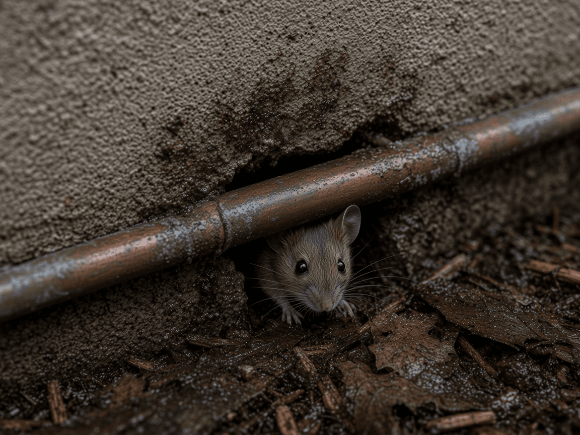 A house mouse peeking out of an unsealed gap where an AC line enters a stucco wall