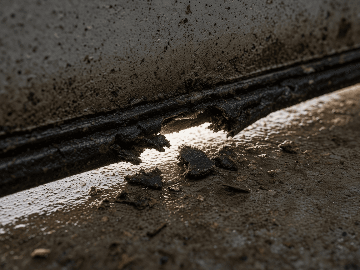 A garage door weather seal gnawed through by rodents, leaving a gap at the slab