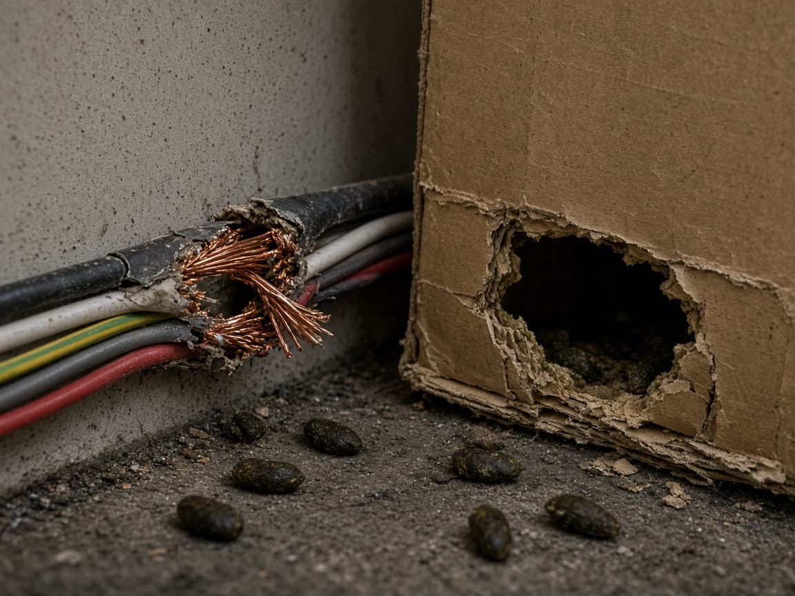 Rodent gnaw damage on wiring and a chewed box with droppings nearby