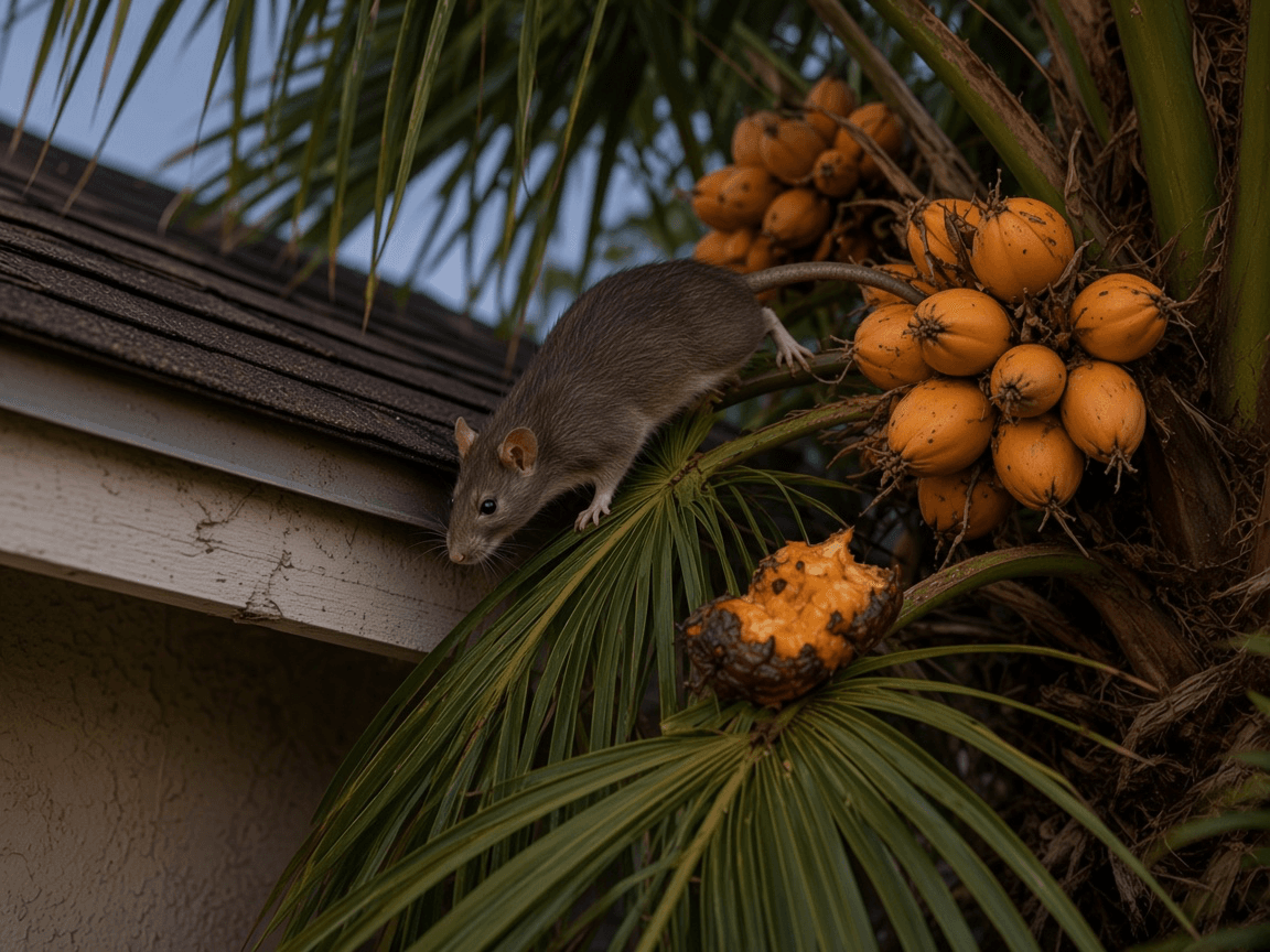 A roof rat climbing a fruiting palm tree that touches the roofline of a Florida home