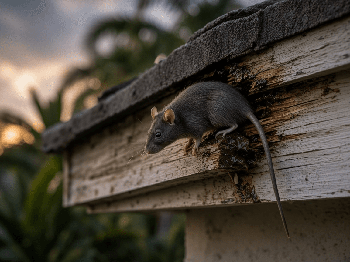 A roof rat squeezing through a gnawed gap in the soffit of a Central Florida home at dusk