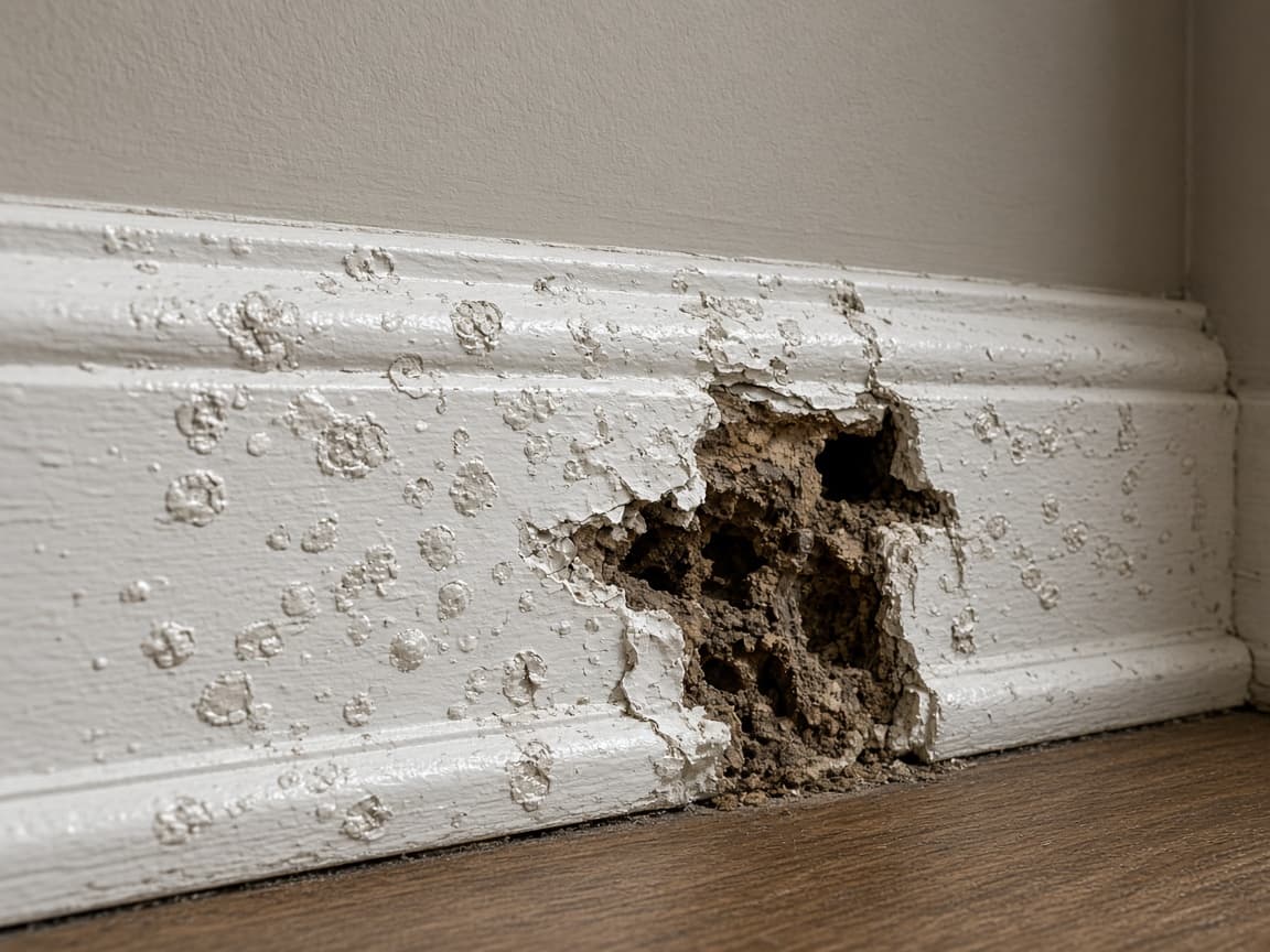 Blistered, hollowed baseboard revealing hidden termite damage
