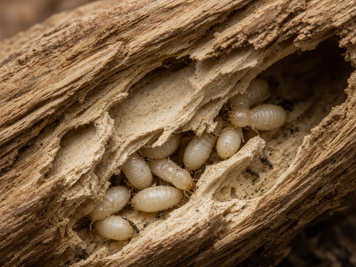 Hollowed structural wood revealing termite galleries and worker termites
