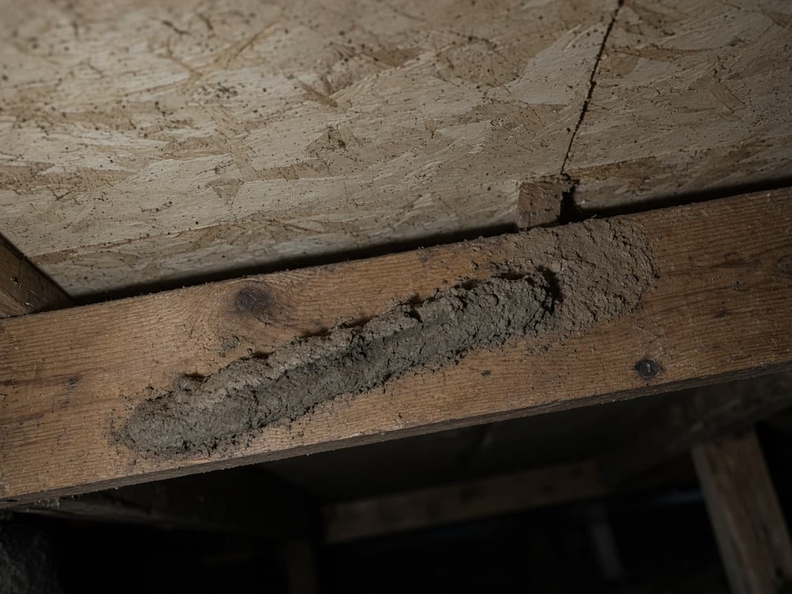 A subterranean termite mud tube along a wooden floor joist