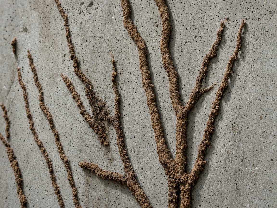 Subterranean termite mud tubes climbing a home's concrete foundation