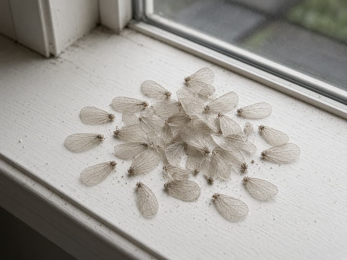 Discarded termite swarmer wings on a windowsill — a common inspection finding