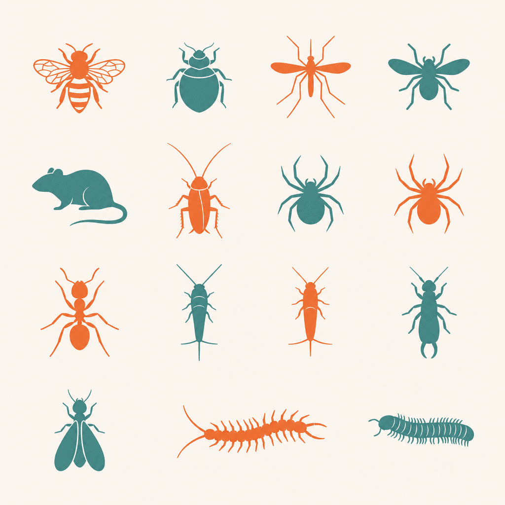 Illustrated icons of common household pests we treat, including bees, bed bugs, mosquitos, rodents, cockroaches, spiders, ants, silverfish, earwigs, termites, centipedes, and millipedes
