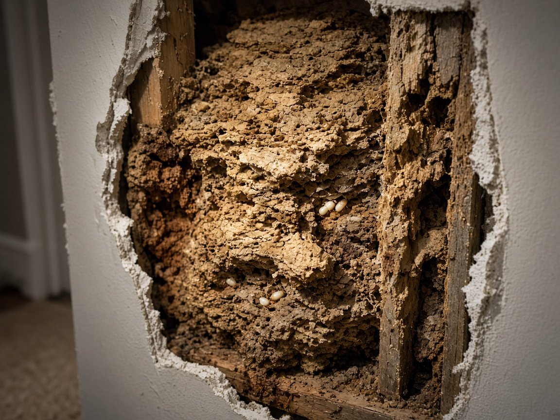 A Formosan termite carton nest filling a wall cavity between damaged studs