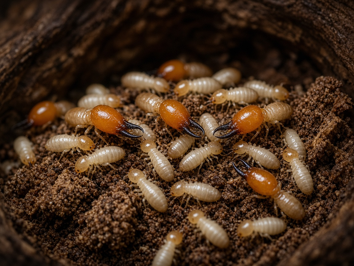 Formosan termite soldiers with oval orange heads among worker termites in carton nest material