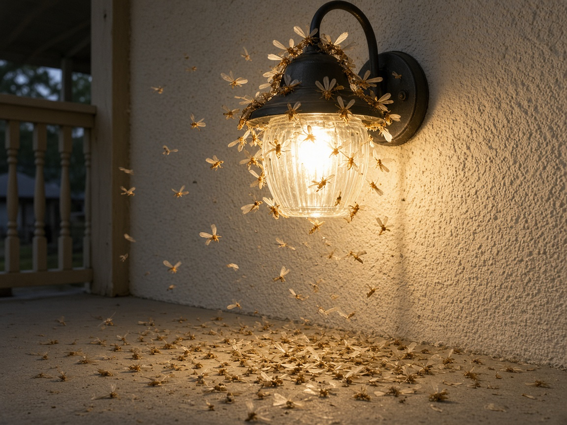 A Formosan termite swarm around a porch light at dusk with shed wings on the floor