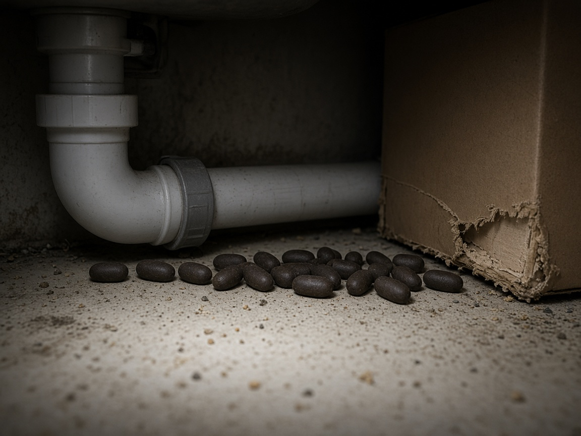Rat droppings on the floor of a kitchen cabinet under the sink beside a gnawed cardboard box