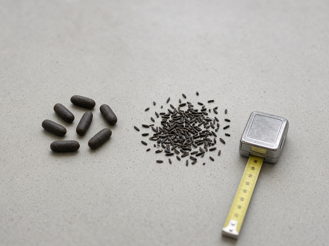 Large capsule-shaped rat droppings beside a pile of tiny rice-like mouse droppings and a tape measure for scale