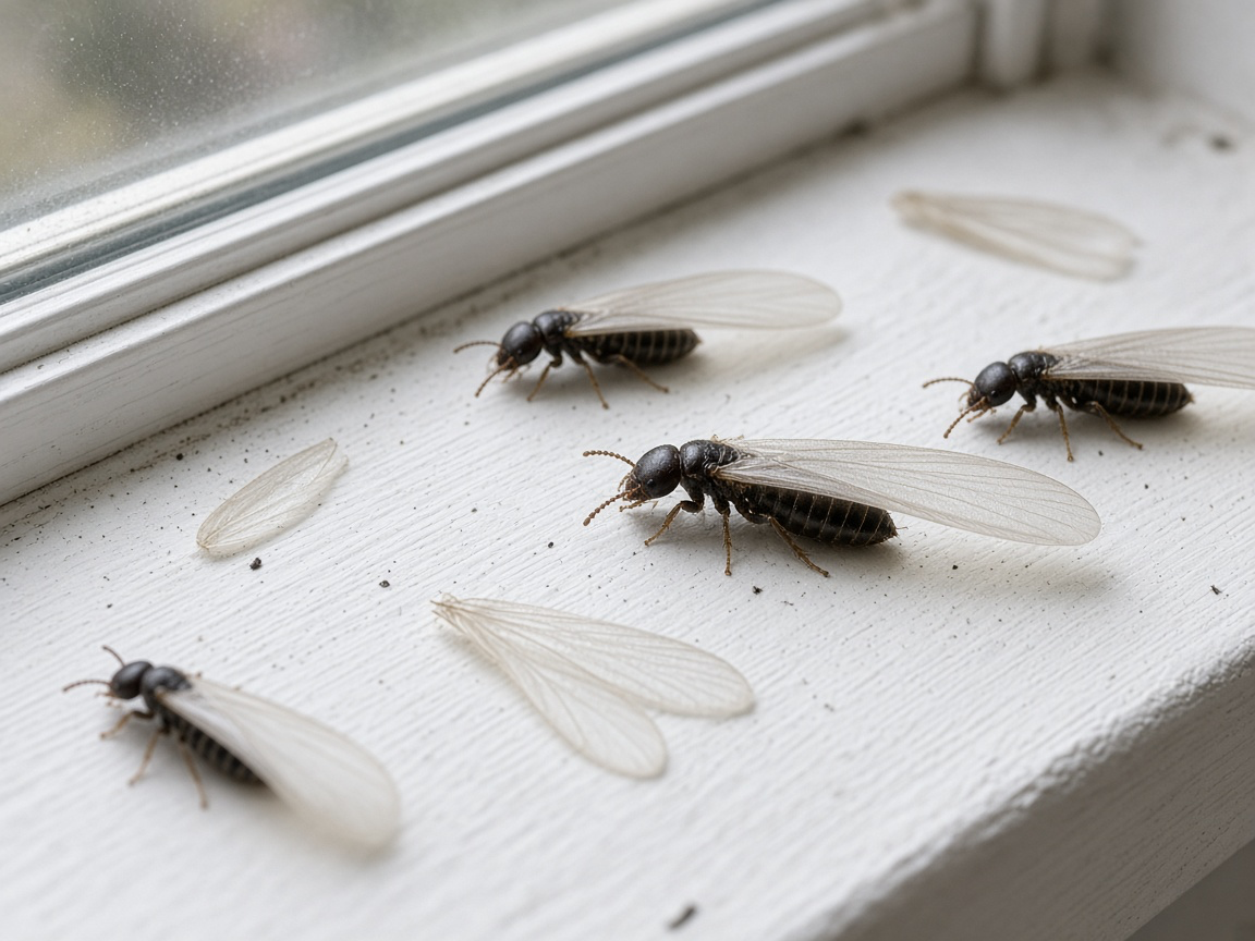 Dark-bodied termite swarmers and shed wings on a white window sill