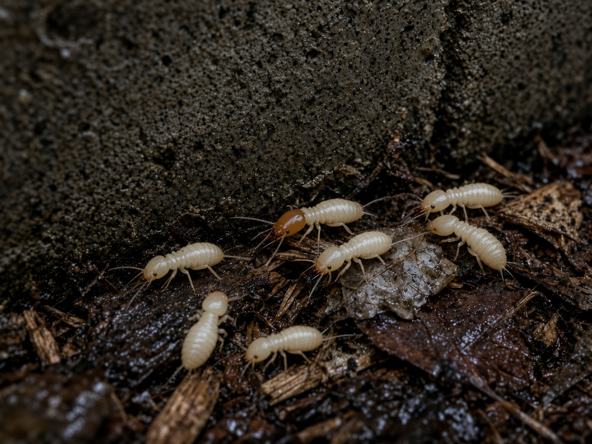 Pale, cream-colored subterranean termite workers and a soldier tunneling through damp soil